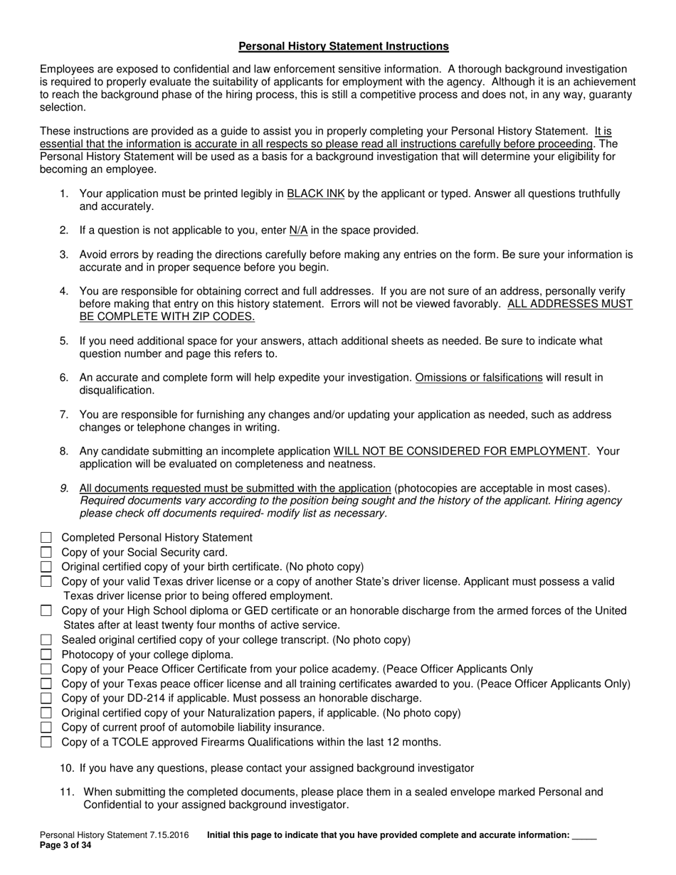 Personal History Statement - Williamson County, Texas, Page 3