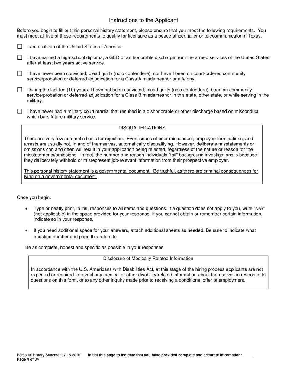 Personal History Statement - Williamson County, Texas, Page 4