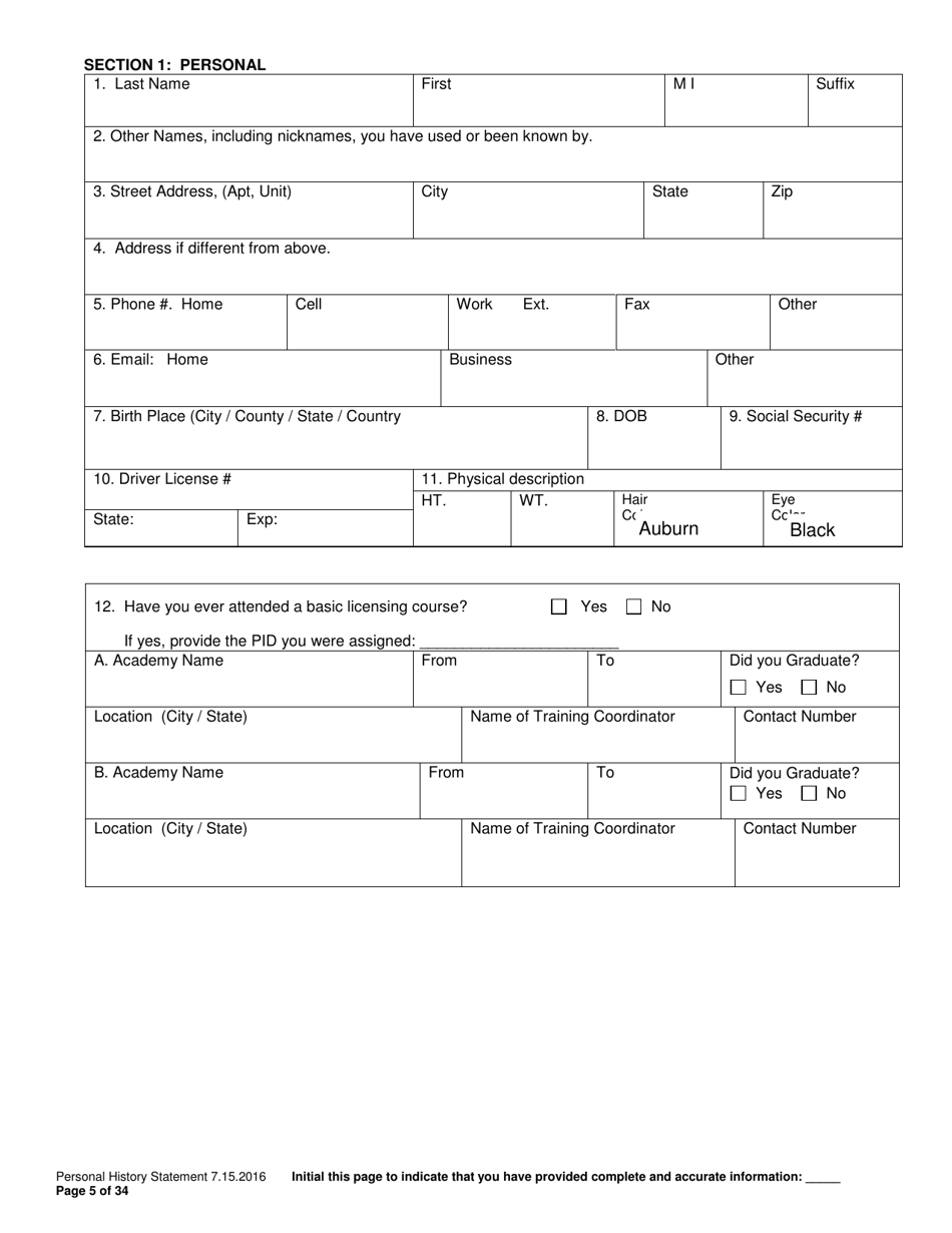 Personal History Statement - Williamson County, Texas, Page 5