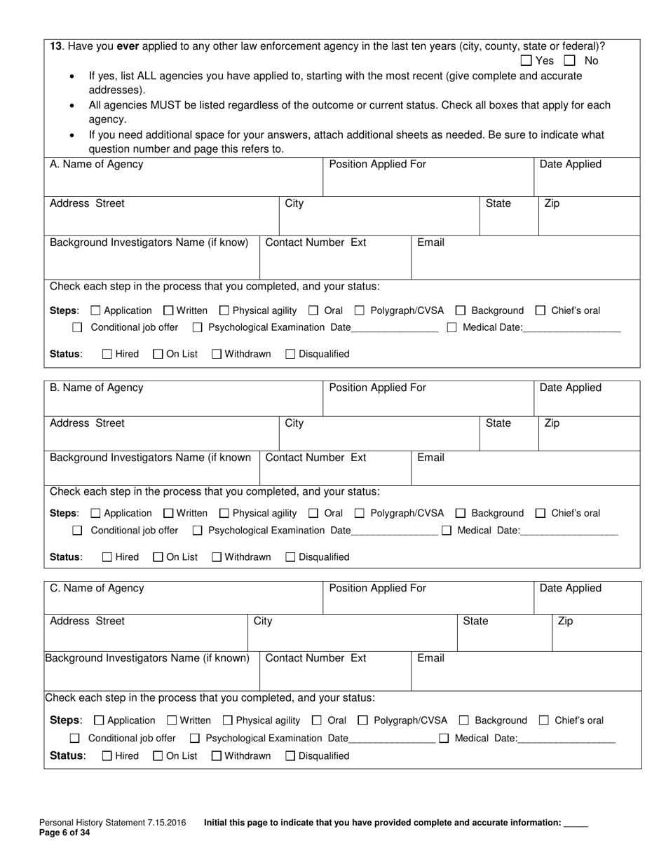 Personal History Statement - Williamson County, Texas, Page 6