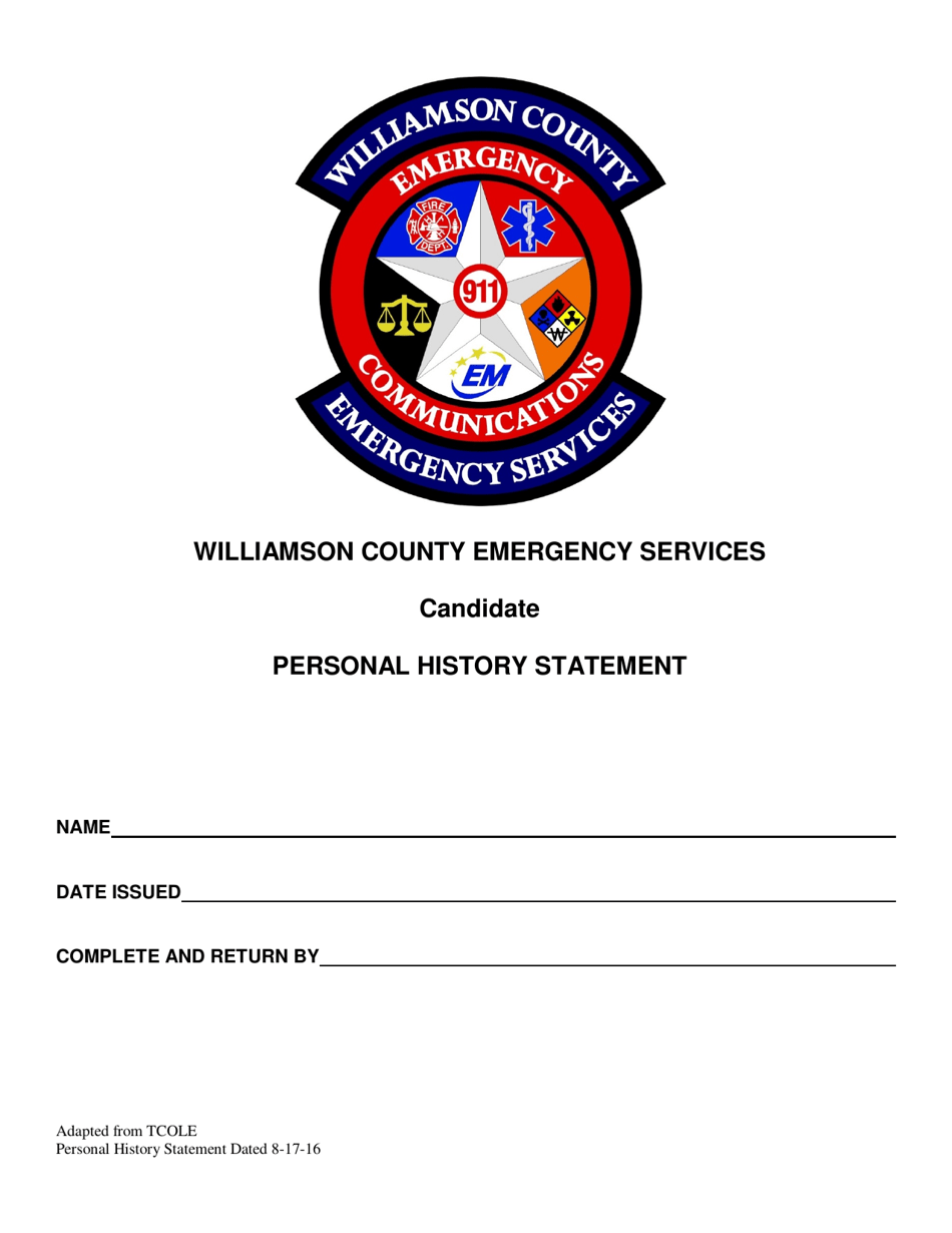 Williamson County, Texas Personal History Statement Fill Out, Sign Online and Download PDF