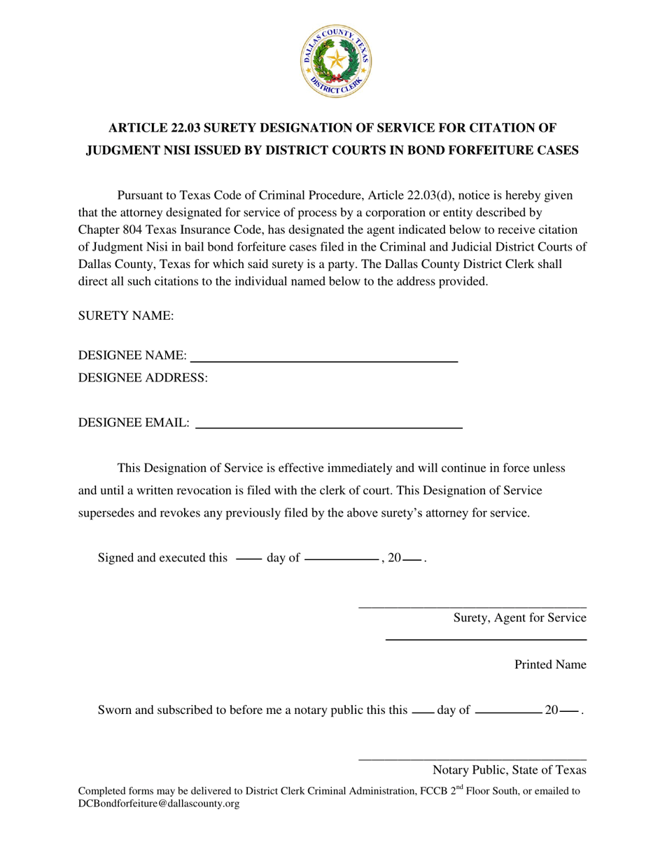 Article 22.03 Surety Designation of Service for Citation of Judgment Nisi Issued by District Courts in Bond Forfeiture Cases - Dallas County, Texas, Page 1