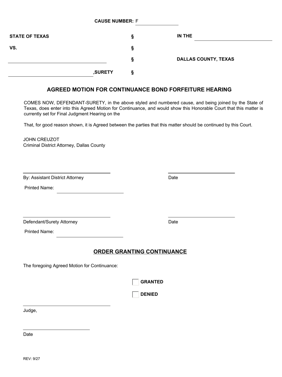 Agreed Motion for Continuance Bond Forfeiture Hearing - Dallas County, Texas, Page 1
