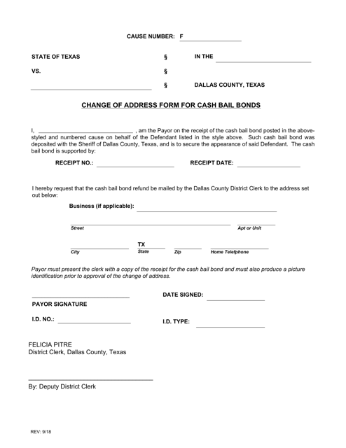 Change of Address Form for Cash Bail Bonds - Dallas County, Texas Download Pdf