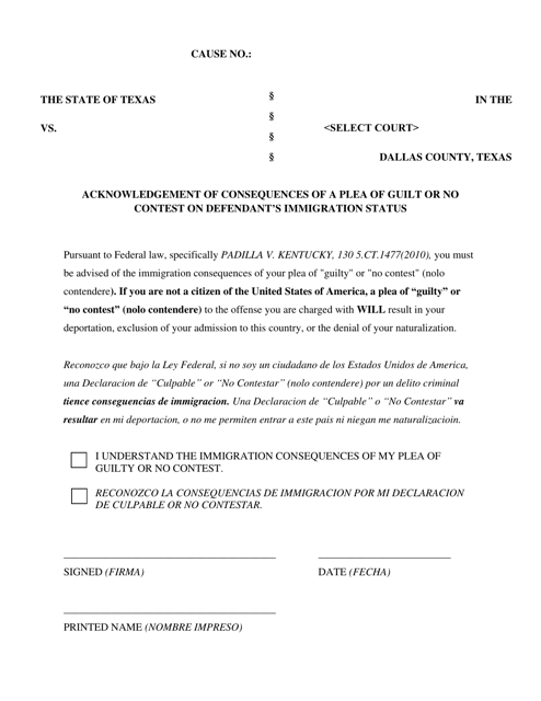 Acknowledgement of Consequences of a Plea of Guilt or No Contest on Defendant's Immigration Status - Dallas County, Texas Download Pdf