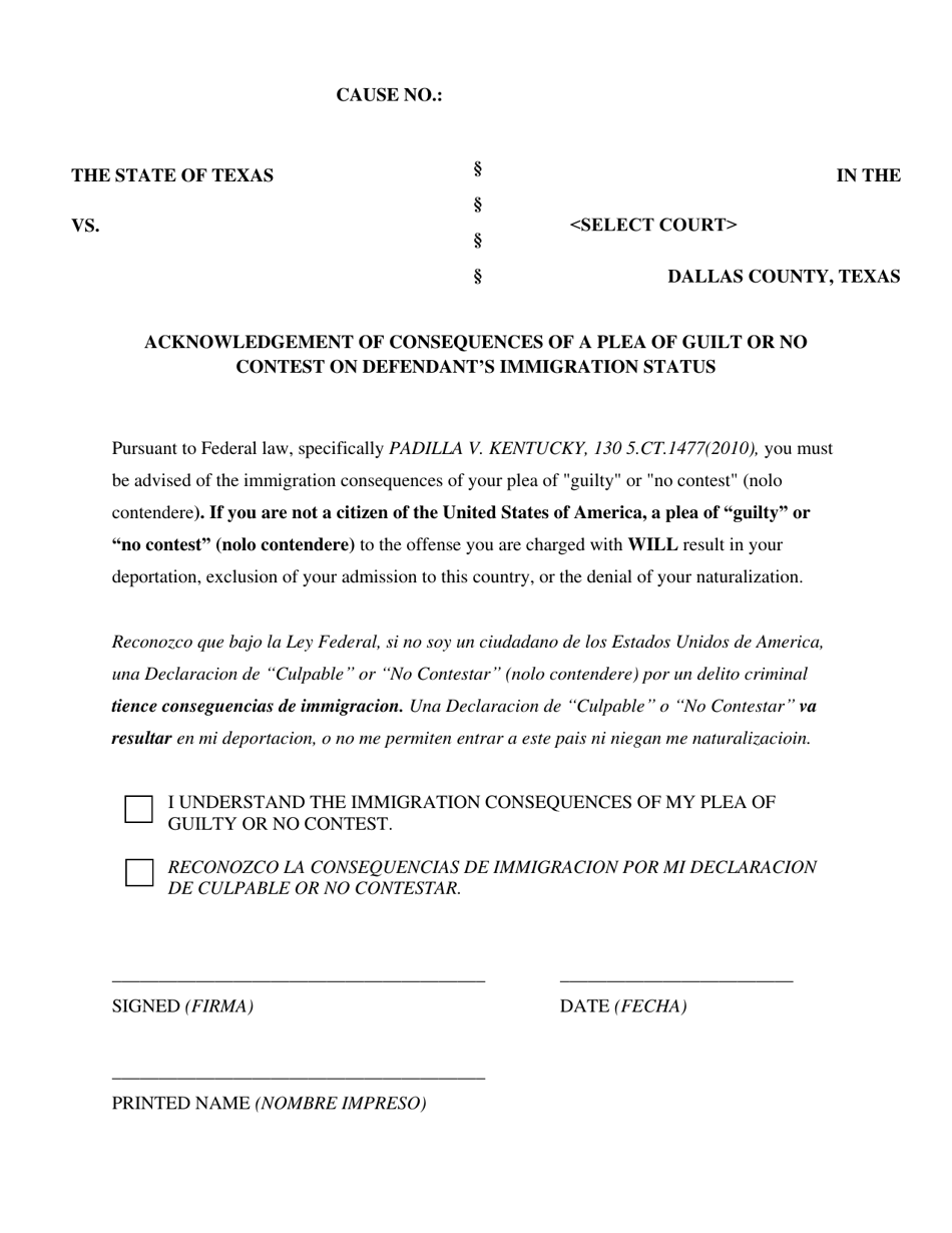 Acknowledgement of Consequences of a Plea of Guilt or No Contest on Defendants Immigration Status - Dallas County, Texas, Page 1