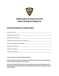 Document preview: Formulario De Solicitud Civil Carta De Buena Conducta - Village of Port Chester, New York (Spanish)