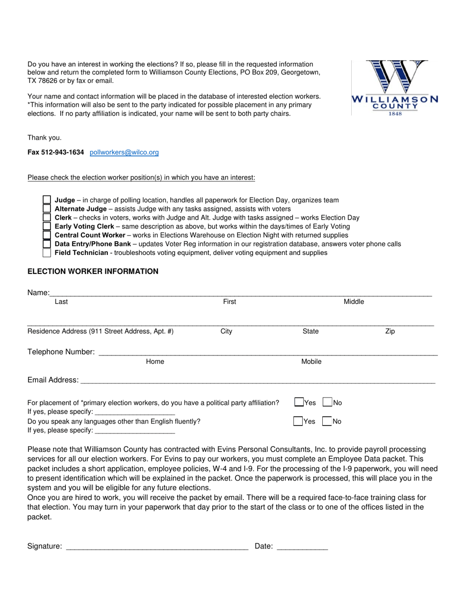 Williamson County, Texas Election Worker Information Form Download