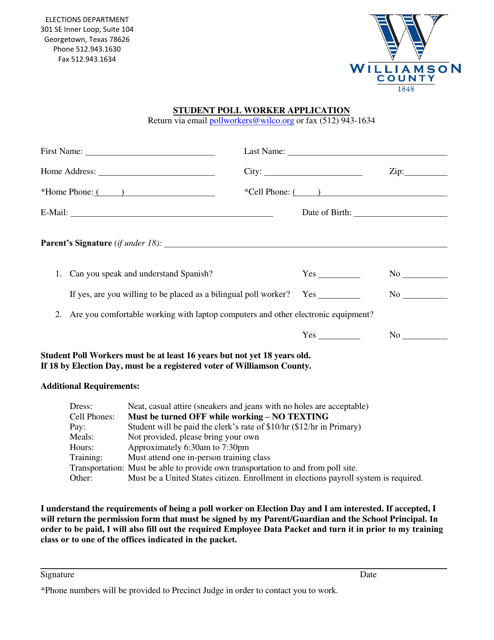 Student Poll Worker Application - Williamson County, Texas Download Pdf