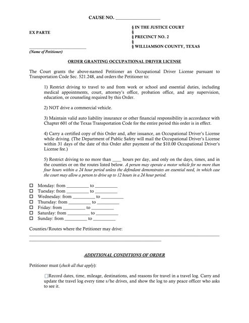 Order Granting Occupational Driver License - Precinct Two - Williamson County, Texas Download Pdf