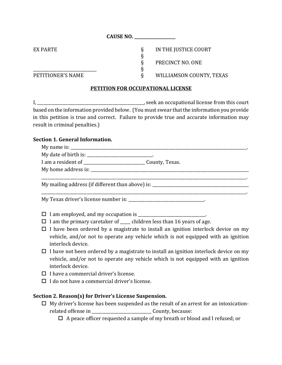Petition for Occupational License - Precinct One - Williamson County, Texas, Page 1