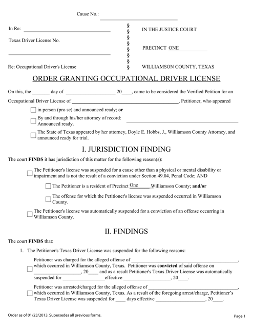 Order Granting Occupational Driver License - Williamson County, Texas Download Pdf