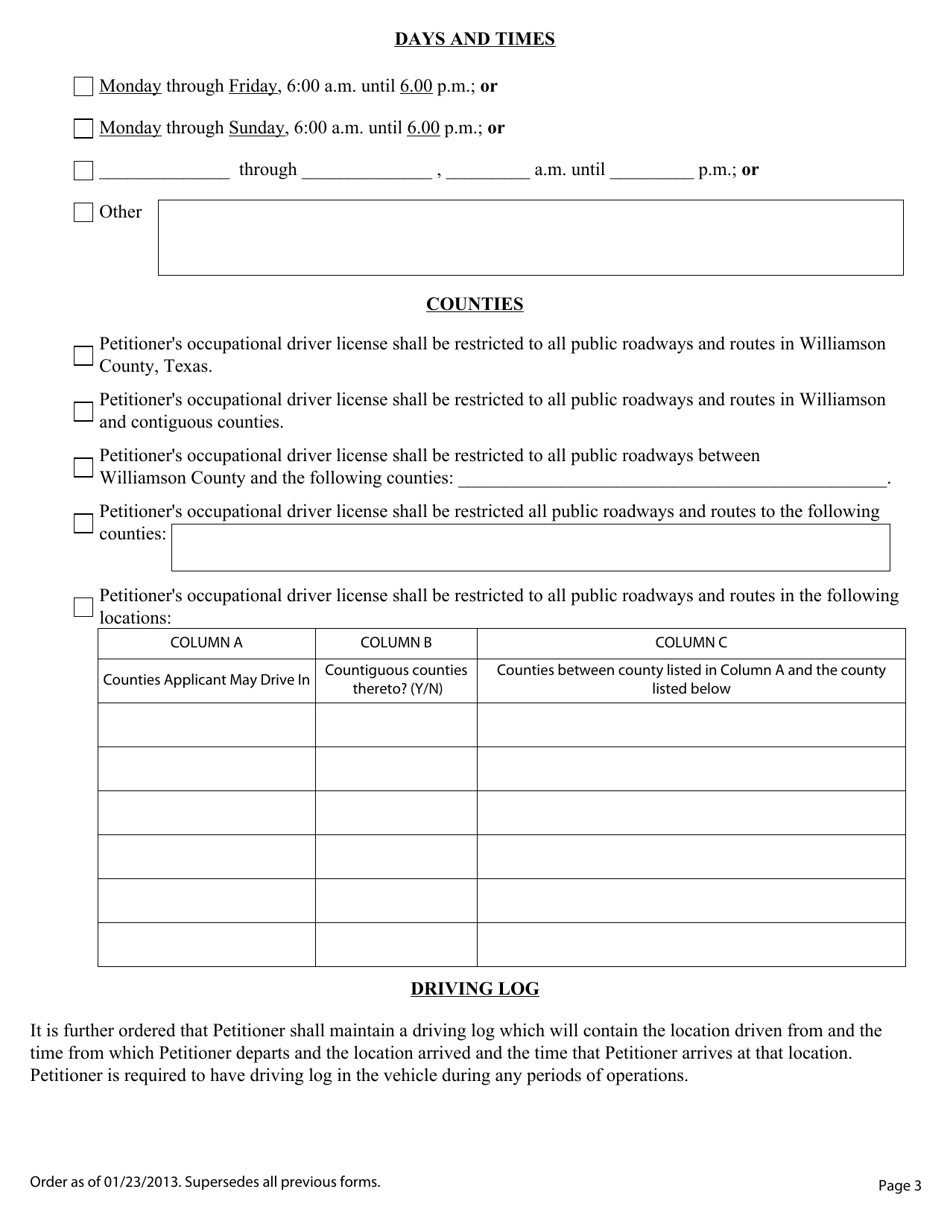 Order Granting Occupational Driver License - Williamson County, Texas, Page 3
