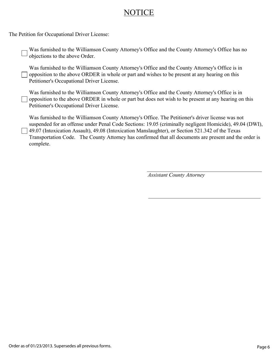 Williamson County, Texas Order Granting Occupational Driver License