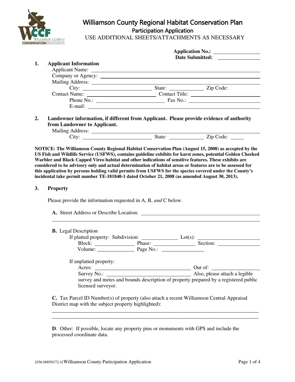 Williamson County Regional Habitat Conservation Plan Participation Application - Williamson County, Texas, Page 1