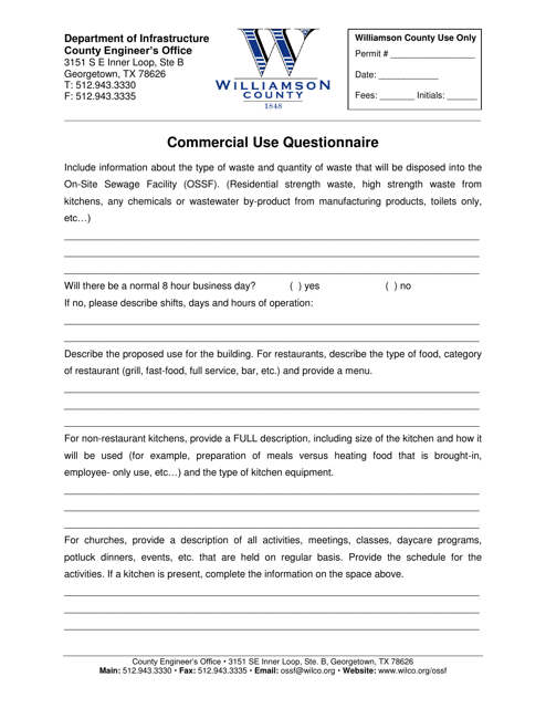 Commercial Use Questionnaire - Williamson County, Texas Download Pdf