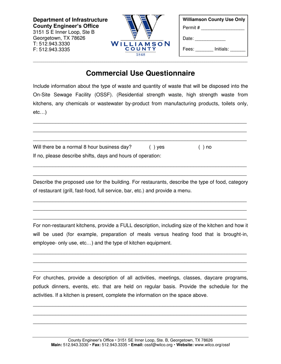 Commercial Use Questionnaire - Williamson County, Texas, Page 1