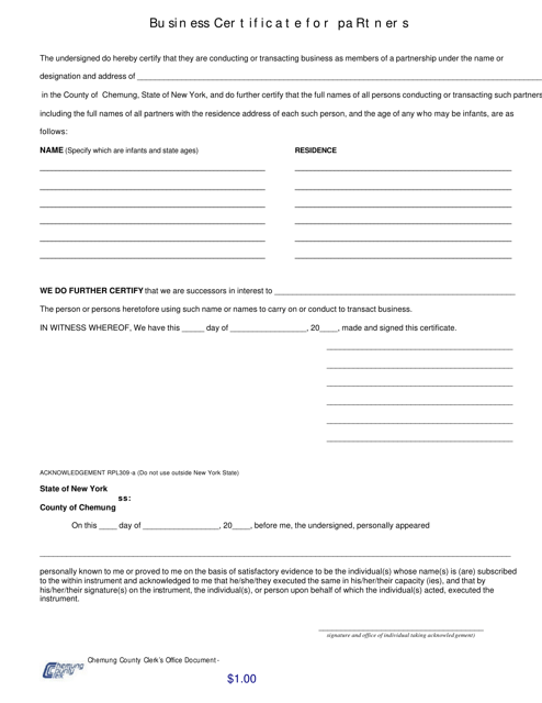 Business Certificate for Partners - Chemung County, New York Download Pdf