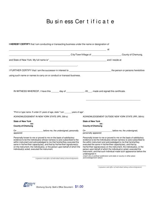 Business Certificate - Chemung County, New York Download Pdf