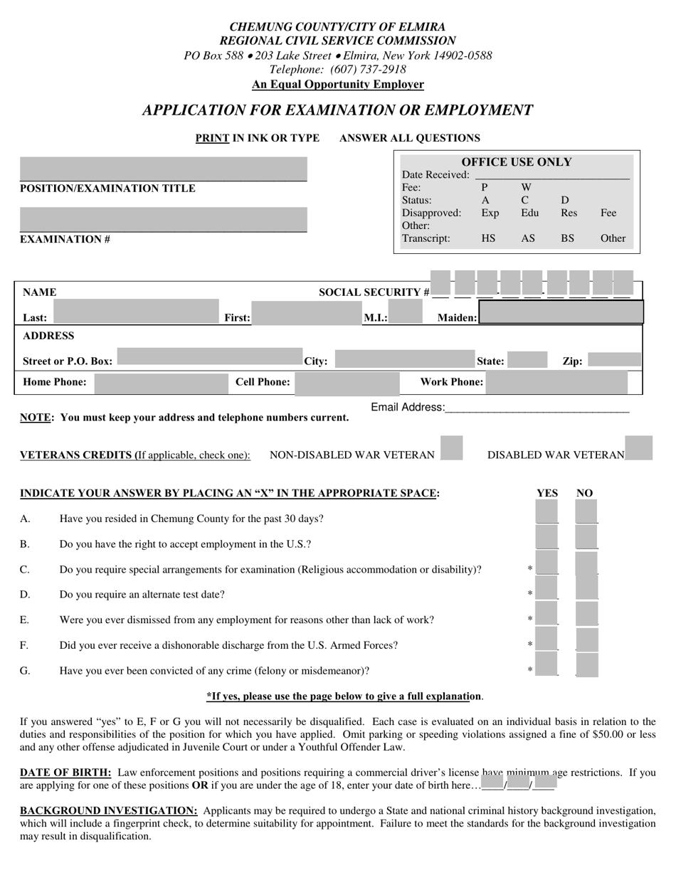 Application for Examination or Employment - Chemung County, New York, Page 1