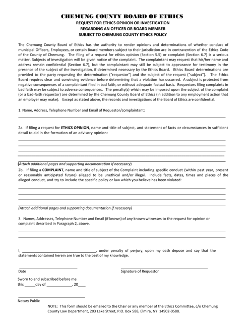 Ethics Complaint Form - Chemung County, New York Download Pdf