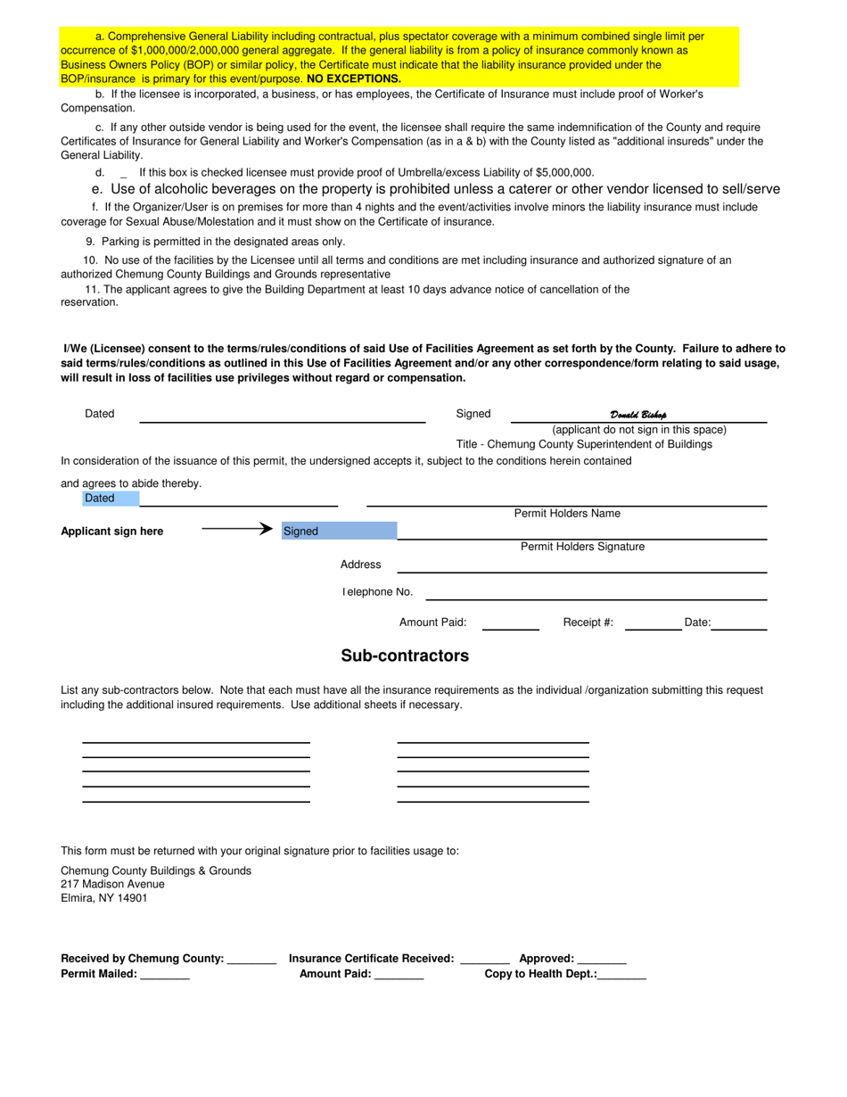 2022 Chemung County New York Permit For Use Of The Chemung County Fairgrounds Fill Out Sign 4519