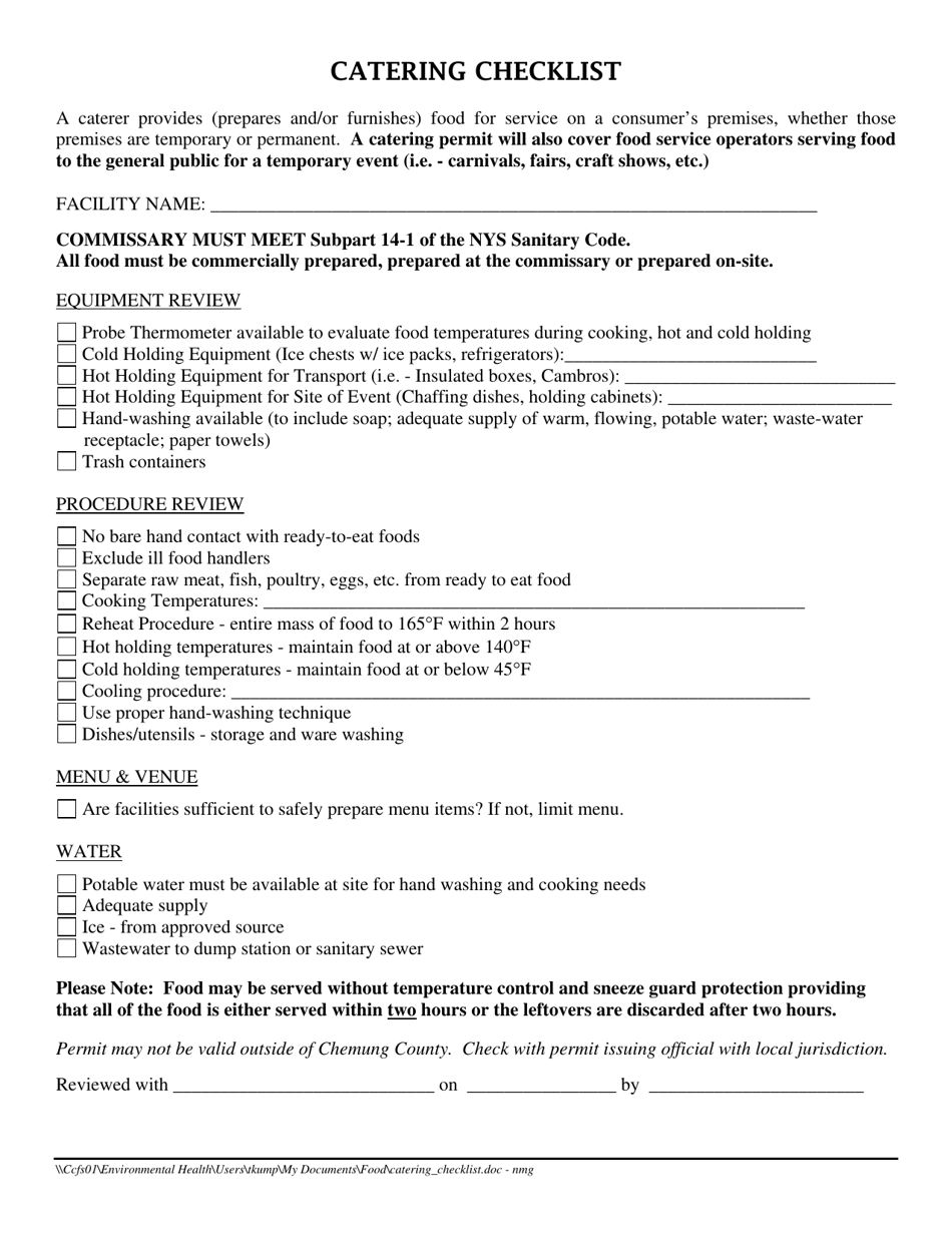 Catering Checklist - Chemung County, New York, Page 1