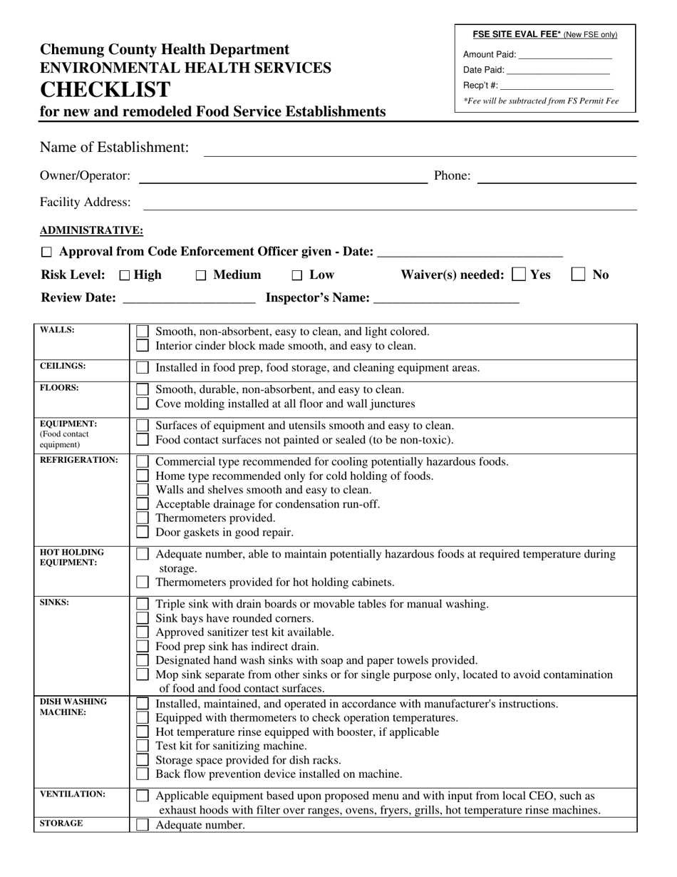 Food Service Establishment Checklist - Chemung County, New York, Page 1