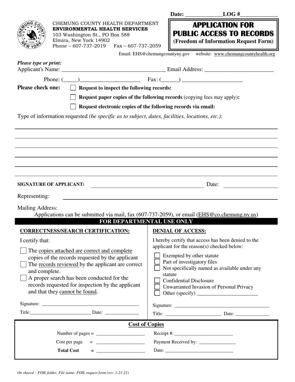 Application for Public Access to Records (Freedom of Information Request Form) - Chemung County, New York, Page 1
