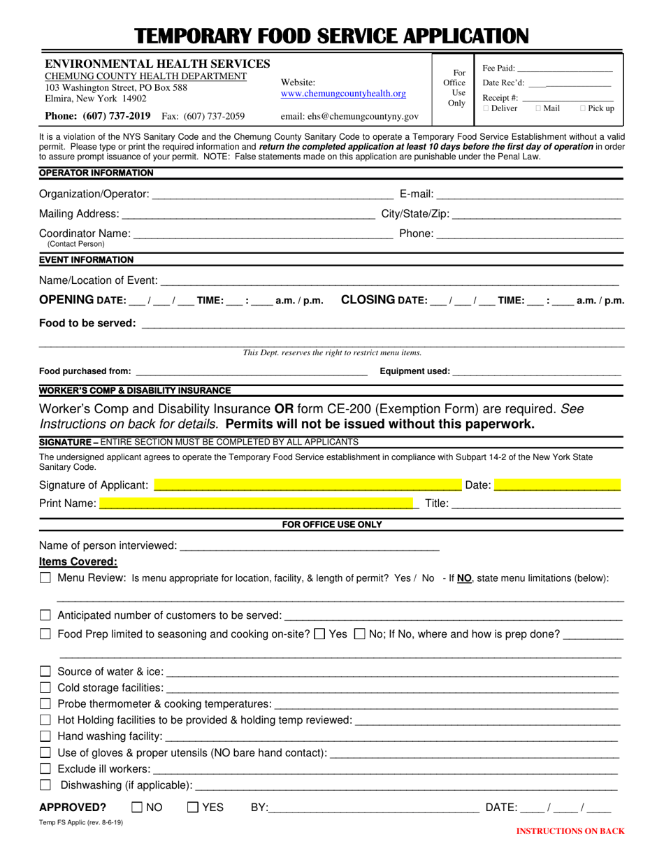 Temporary Food Service Application - Chemung County, New York, Page 1