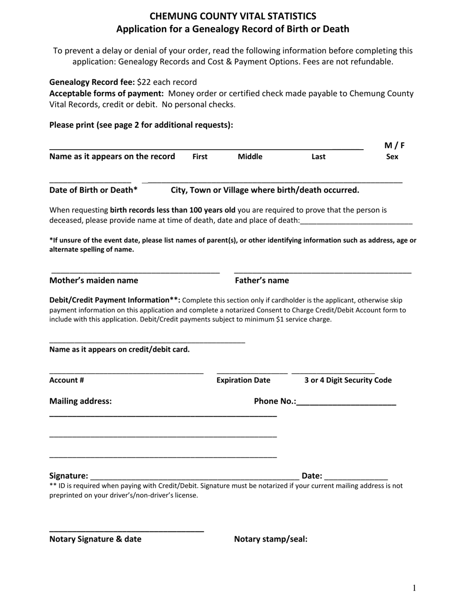 Chemung County, New York Application for a Genealogy Record of Birth or