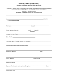 Document preview: Consent to Release Certified Birth Certificate - Chemung County, New York