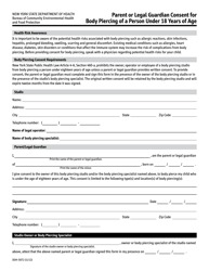 Document preview: Form DOH-5072 Parent or Legal Guardian Consent for Body Piercing of a Person Under 18 Years of Age - New York