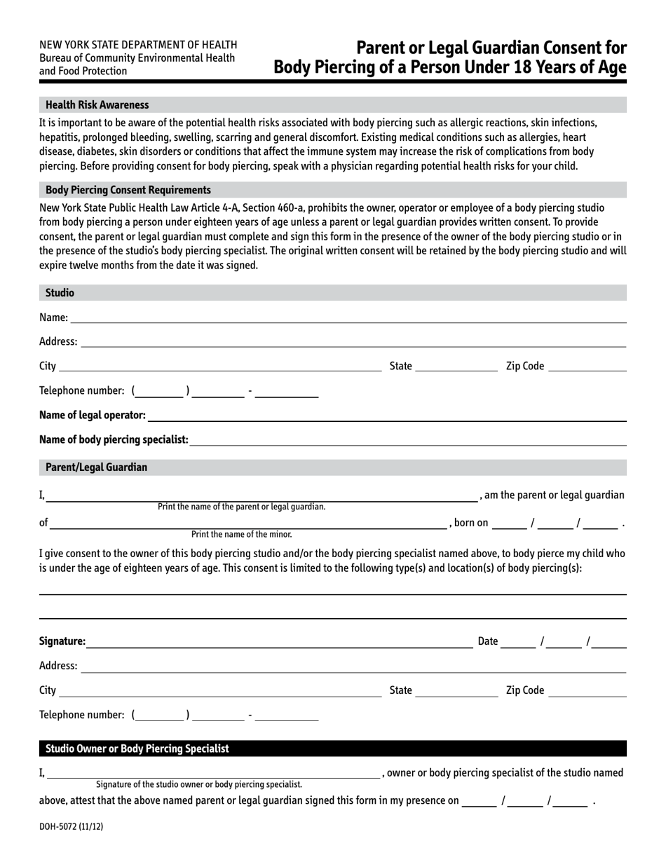 Form DOH-5072 Parent or Legal Guardian Consent for Body Piercing of a Person Under 18 Years of Age - New York, Page 1