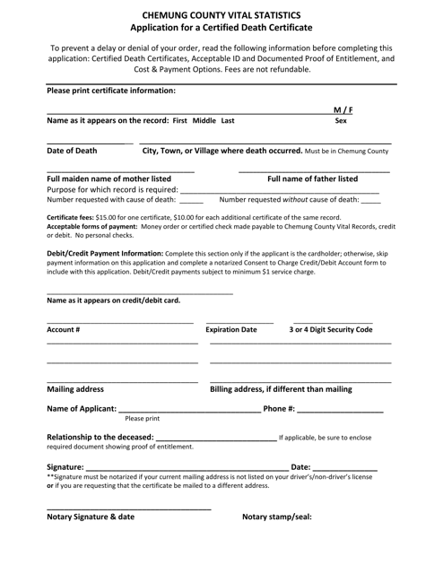 Application for a Certified Death Certificate - Chemung County, New York