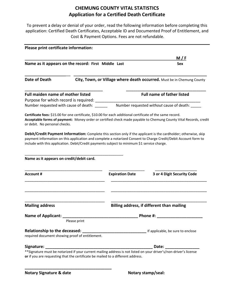 Application for a Certified Death Certificate - Chemung County, New York, Page 1