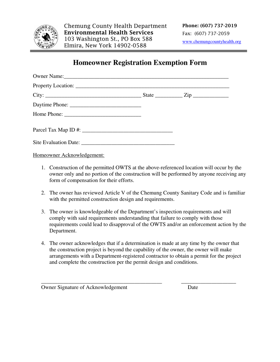 Homeowner Registration Exemption Form - Chemung County, New York, Page 1