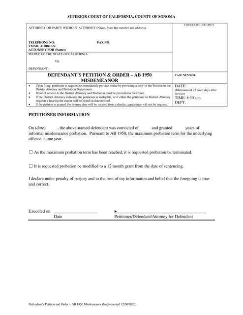 Defendant's Petition & Order - AB 1950 Misdemeanor - County of Sonoma, California Download Pdf
