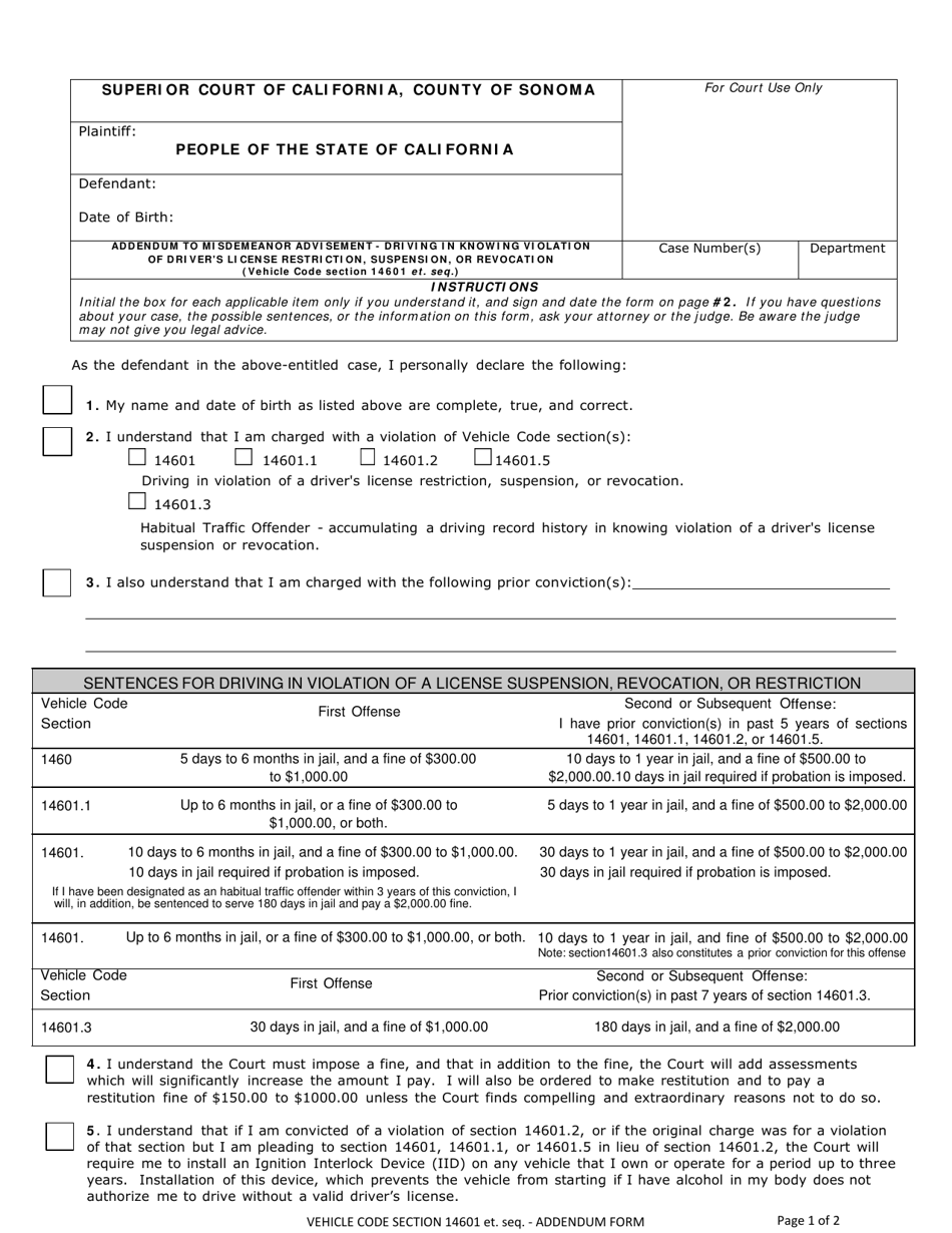Form CR-001 Addendum to Misdemeanor Advisement - Driving in Knowing Violation of Drivers License Restriction, Suspension, or Revocation (Vehicle Code Section 14601 Et. Seq.) - County of Sonoma, California, Page 1