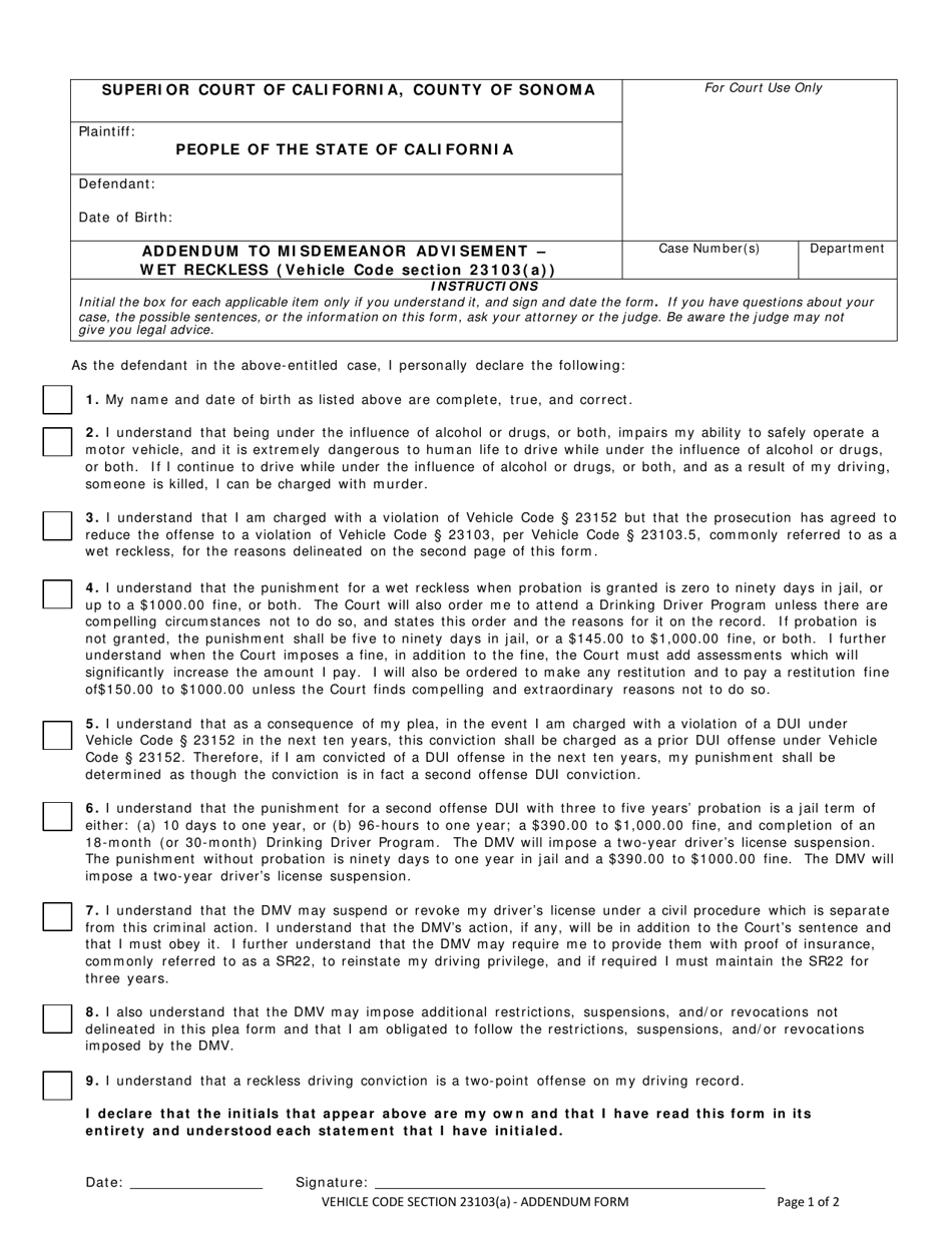 Form CR-002 Addendum to Misdemeanor Advisement - Wet Reckless (Vehicle Code Section 23103(A)) - County of Sonoma, California, Page 1