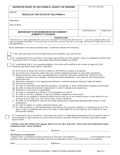 Form CR-005 Addendum to Misdemeanor Advisement - Domestic Violence - County of Sonoma, California