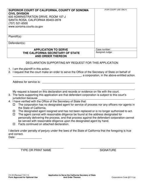 Form CV-25 Application to Serve the California Secretary of State and Order Thereon - County of Sonoma, California
