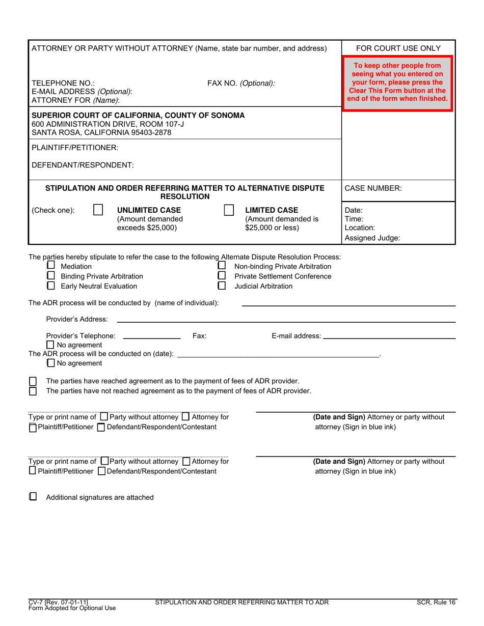 Form CV-7 Stipulation and Order Referring Matter to Alternative Dispute Resolution - County of Sonoma, California, Page 1