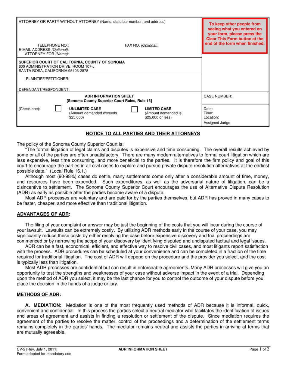 Form CV-2 Adr Information Sheet - County of Sonoma, California, Page 1