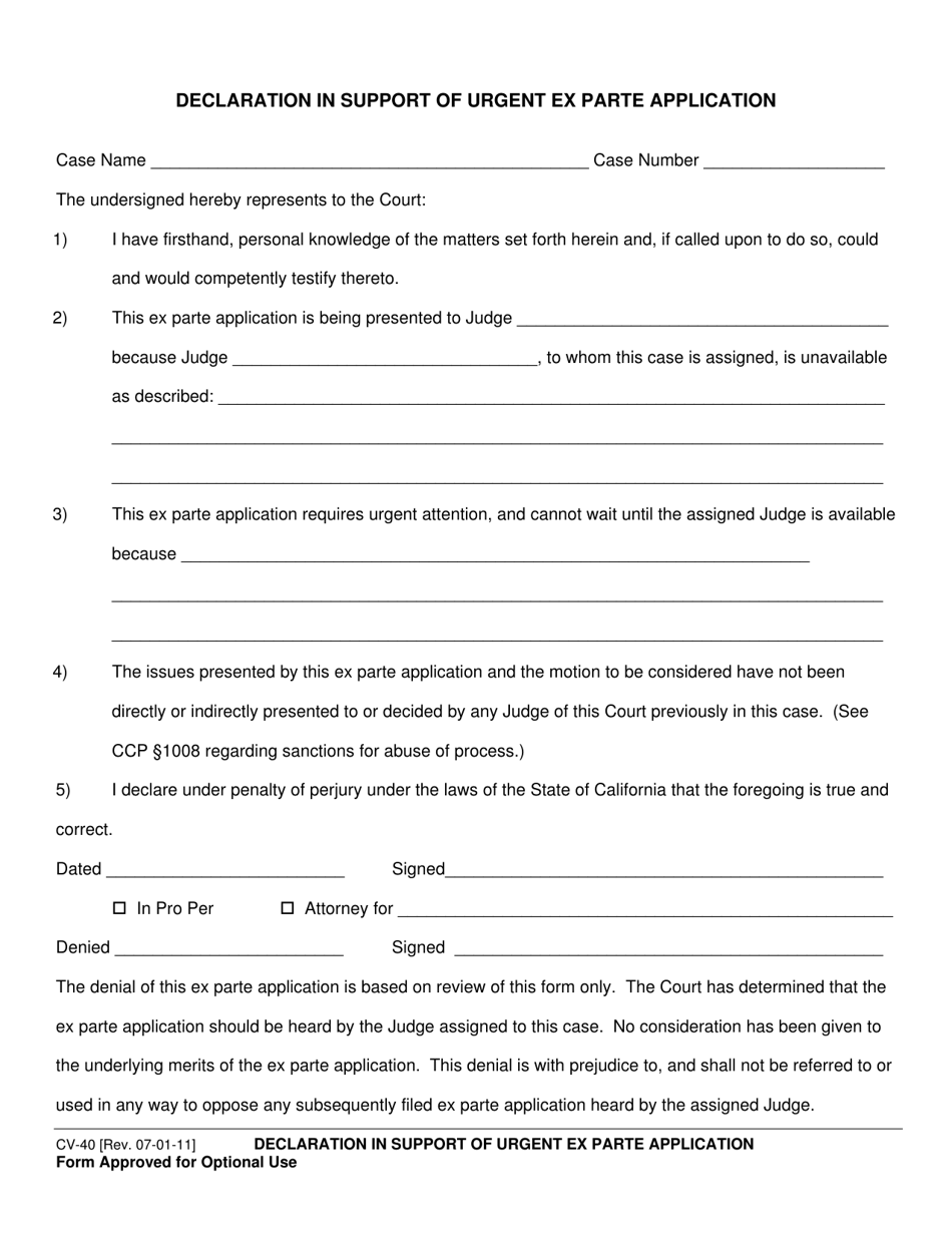 Ex Parte Declaration Example Form CV-40 - Fill Out, Sign Online and Download Printable PDF, County ...