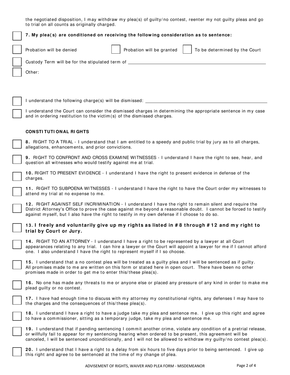 Form CR-006 Misdemeanor Advisement of Rights, Waiver, and Plea Form - County of Sonoma, California, Page 2