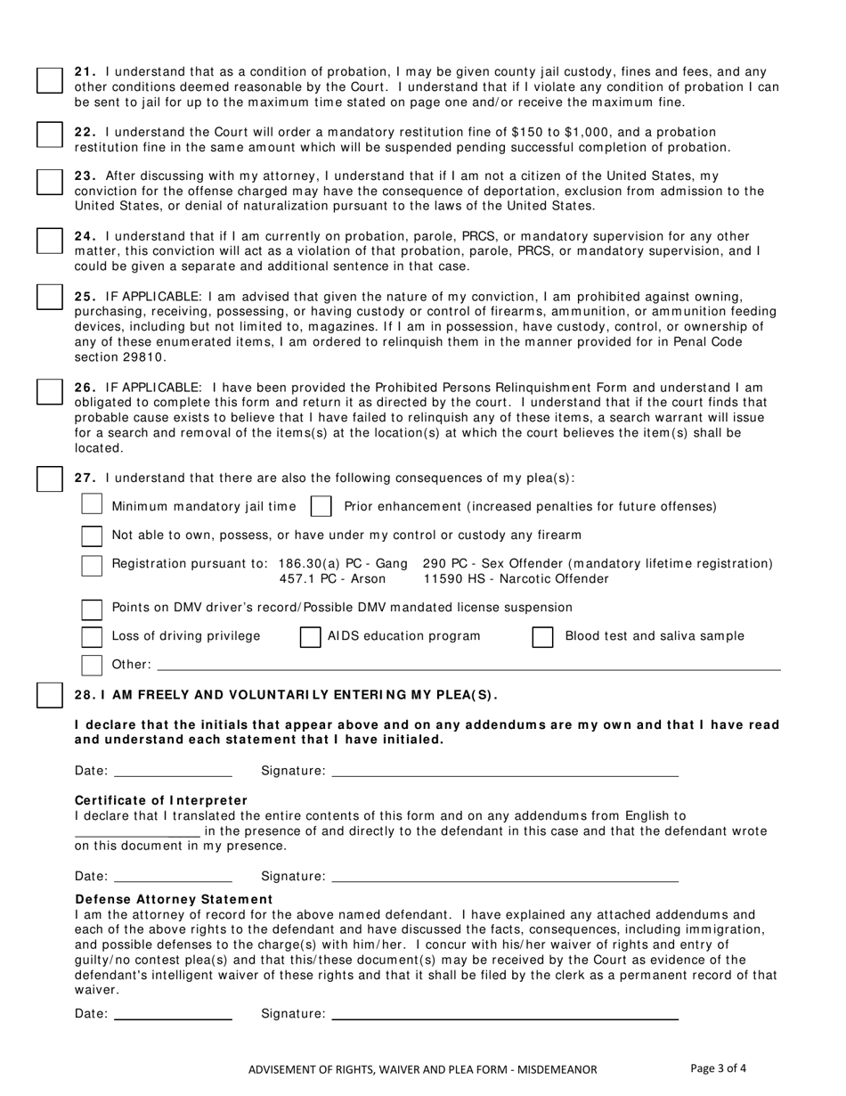 Form CR-006 Misdemeanor Advisement of Rights, Waiver, and Plea Form - County of Sonoma, California, Page 3