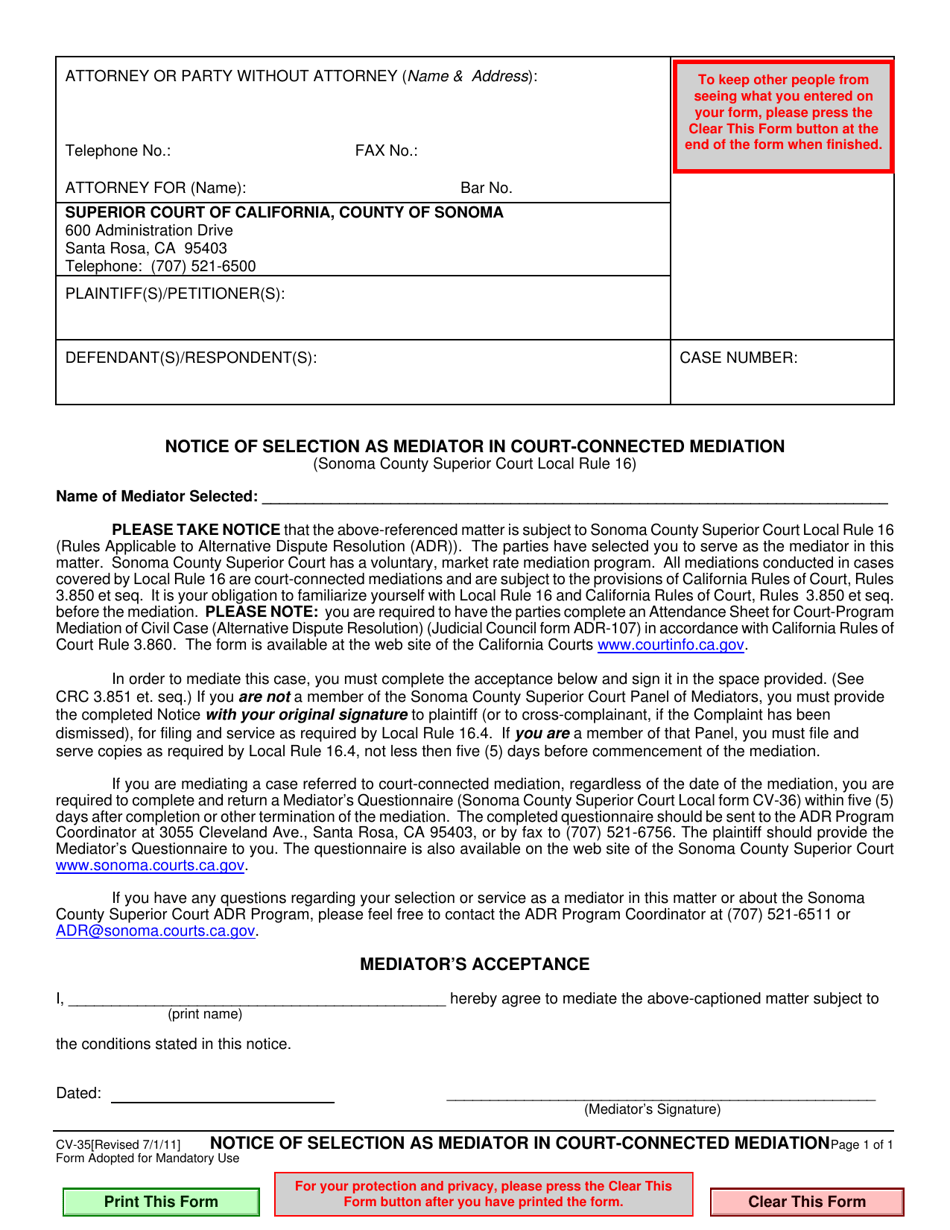 Form CV-35 Notice of Selection as Mediator in Court-Connected Mediation - County of Sonoma, California, Page 1