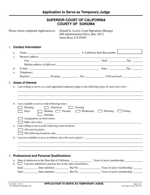 Form CV-33 Application to Serve as Temporary Judge - County of Sonoma, California