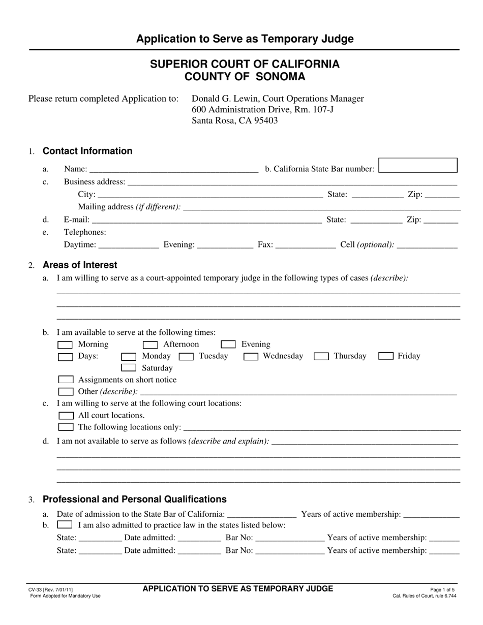 Form CV-33 Application to Serve as Temporary Judge - County of Sonoma, California, Page 1